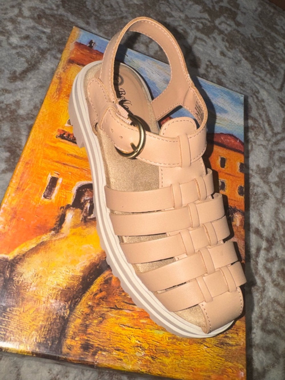 Bella Vita Women's Nude Strappy Fisherman Sandal with Gold Buckle